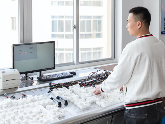 Technician is using PC to check the mold's quality